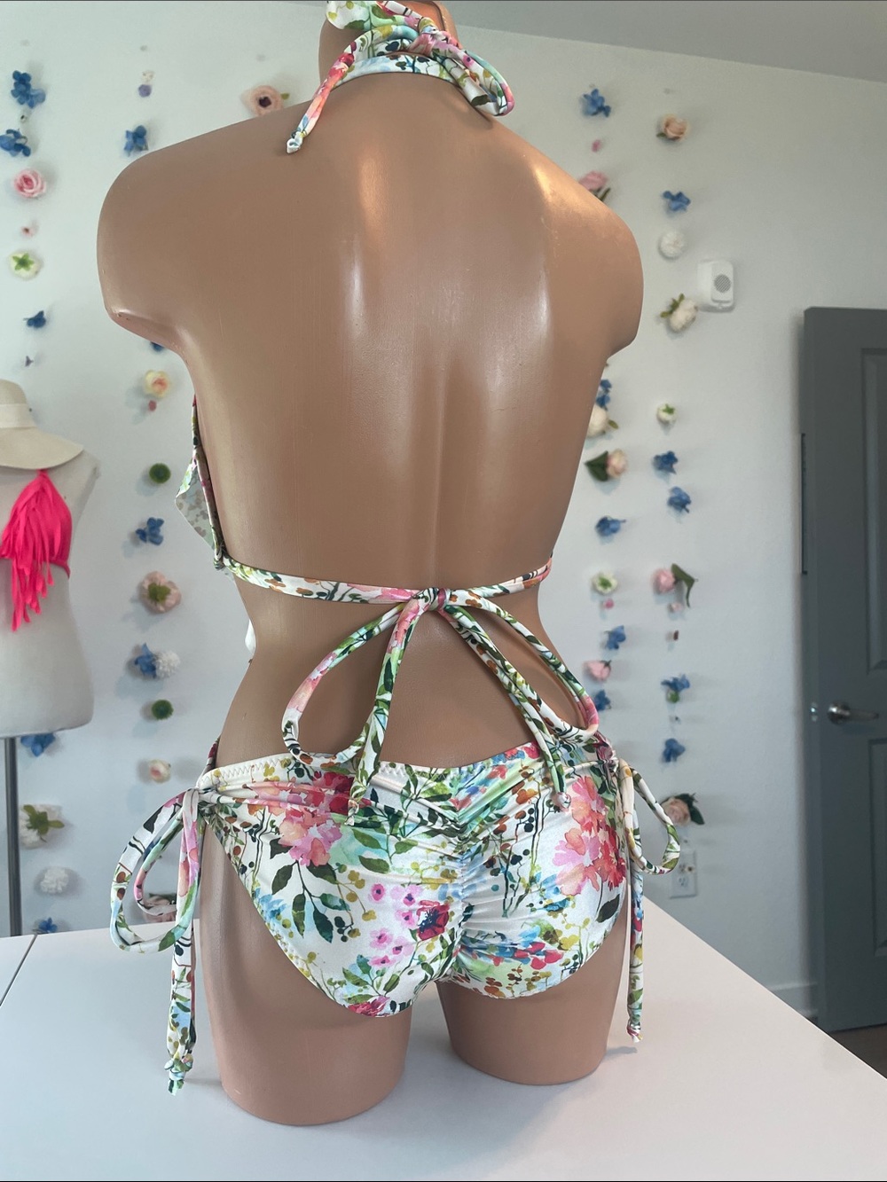 Ruffled Floral Halter One-Piece Swimsuit - Pink & Green - Picture 3 of 17